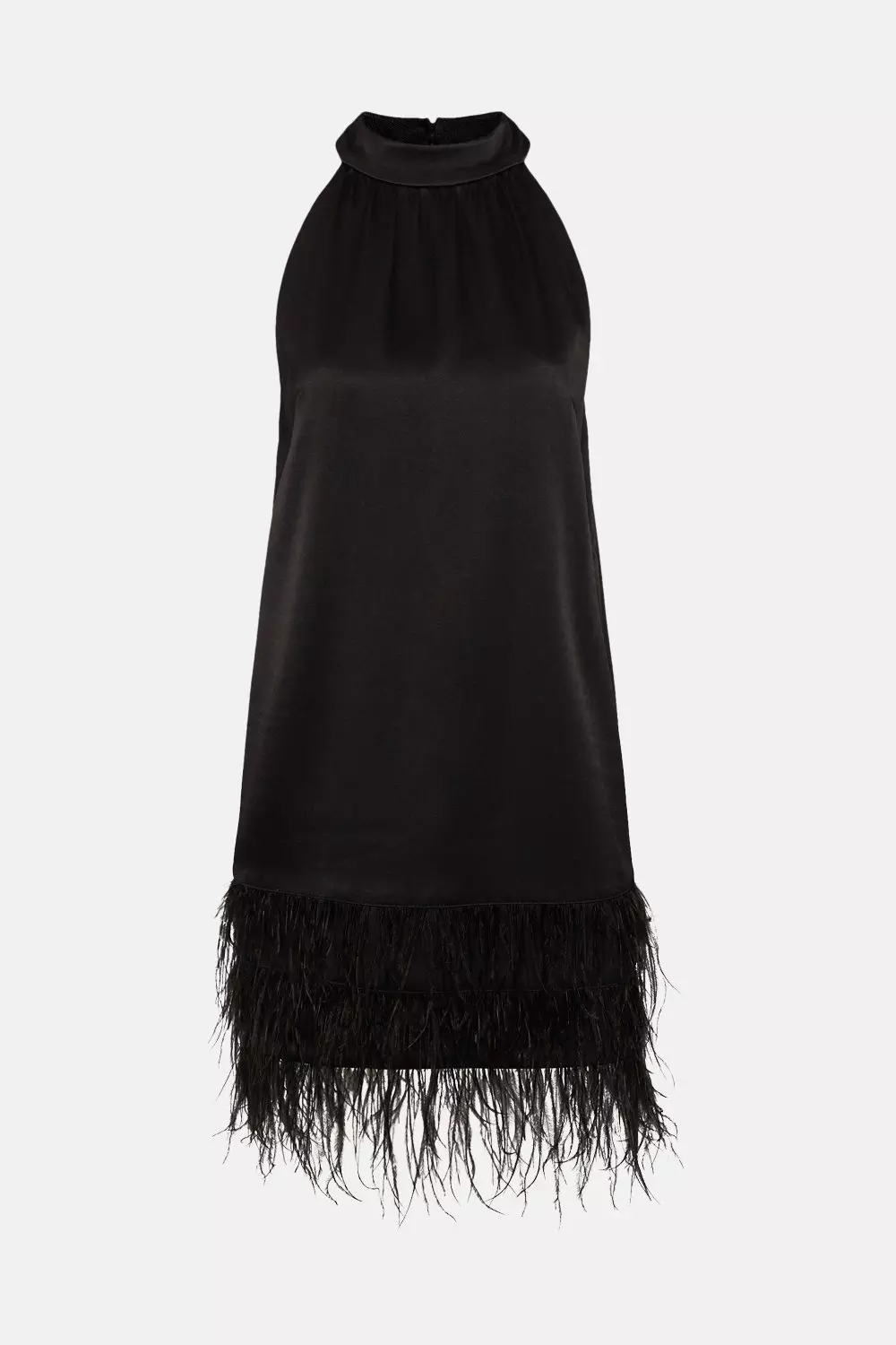 Black Viscose Satin Crepe Feather Hem Halter Mini Dress alternative image