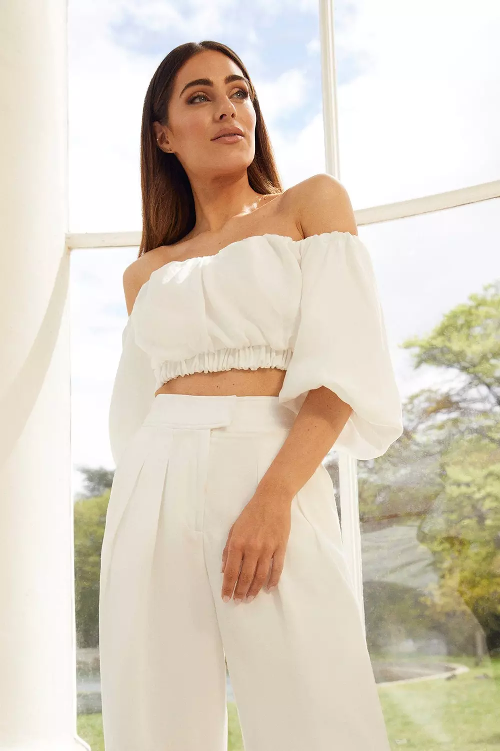 Linen Blend Off The Shoulder Crop Top Karen Millen