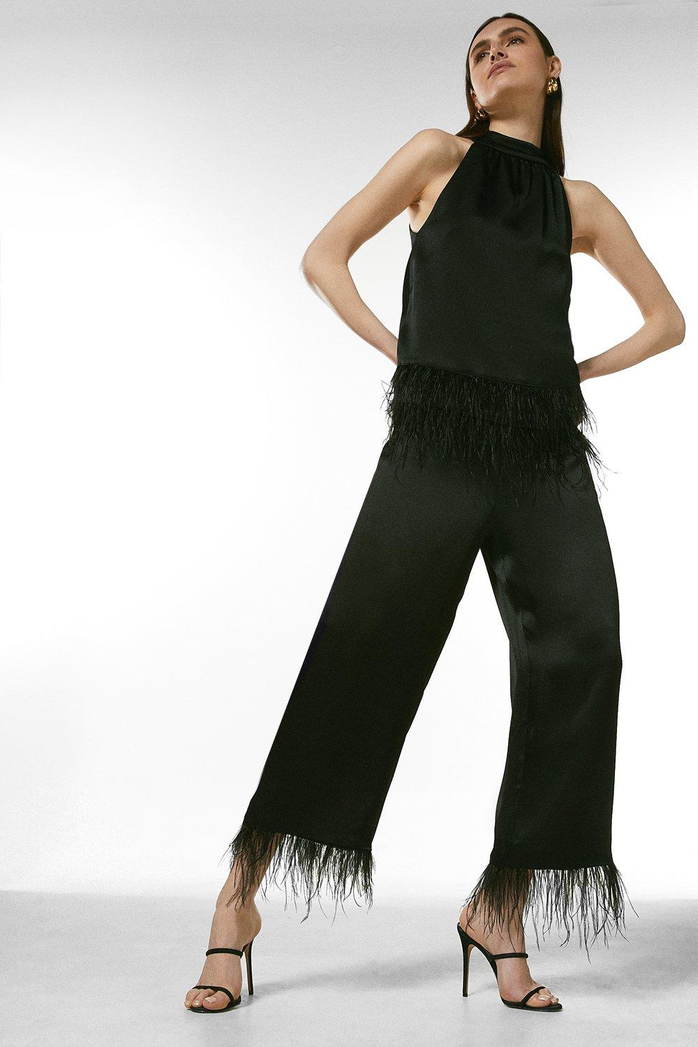 Black Viscose Satin Crepe Feather Hem Pants