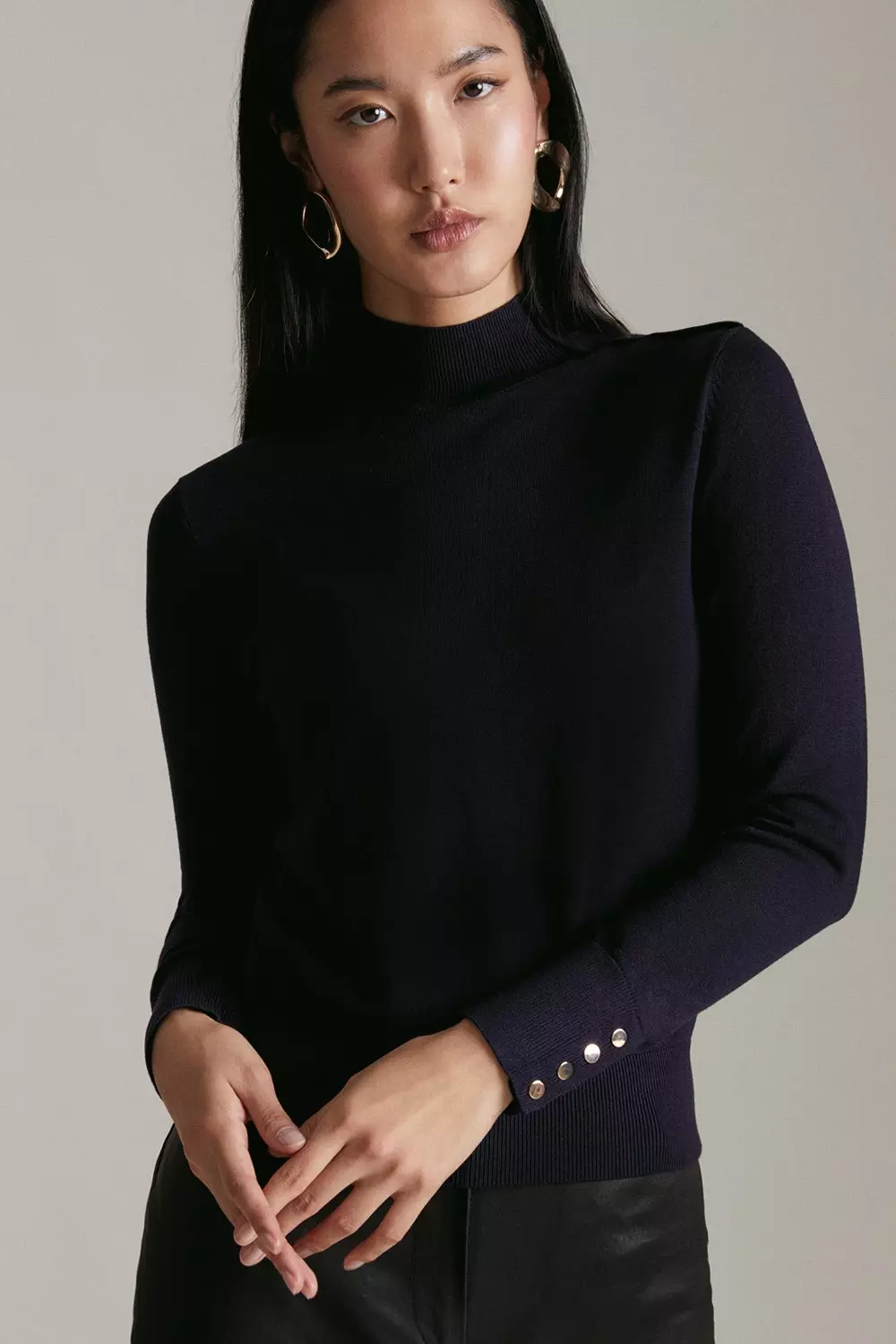 Navy Petite Viscose Blend Trimmed Funnel Neck Sweater alternative image