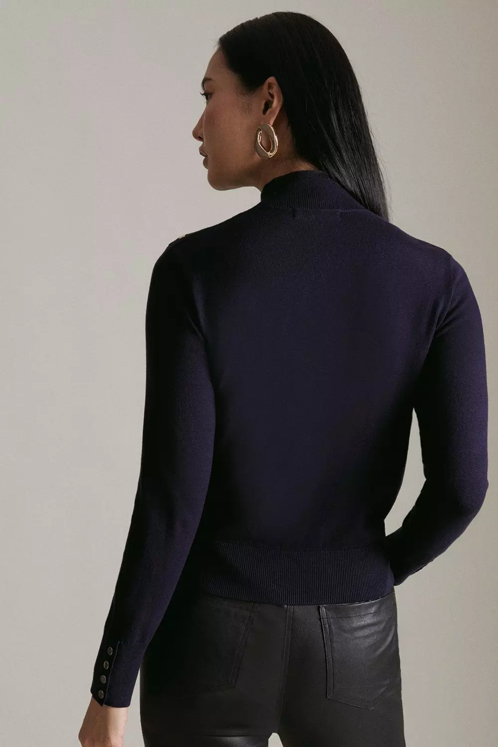 Navy Petite Viscose Blend Trimmed Funnel Neck Sweater alternative image