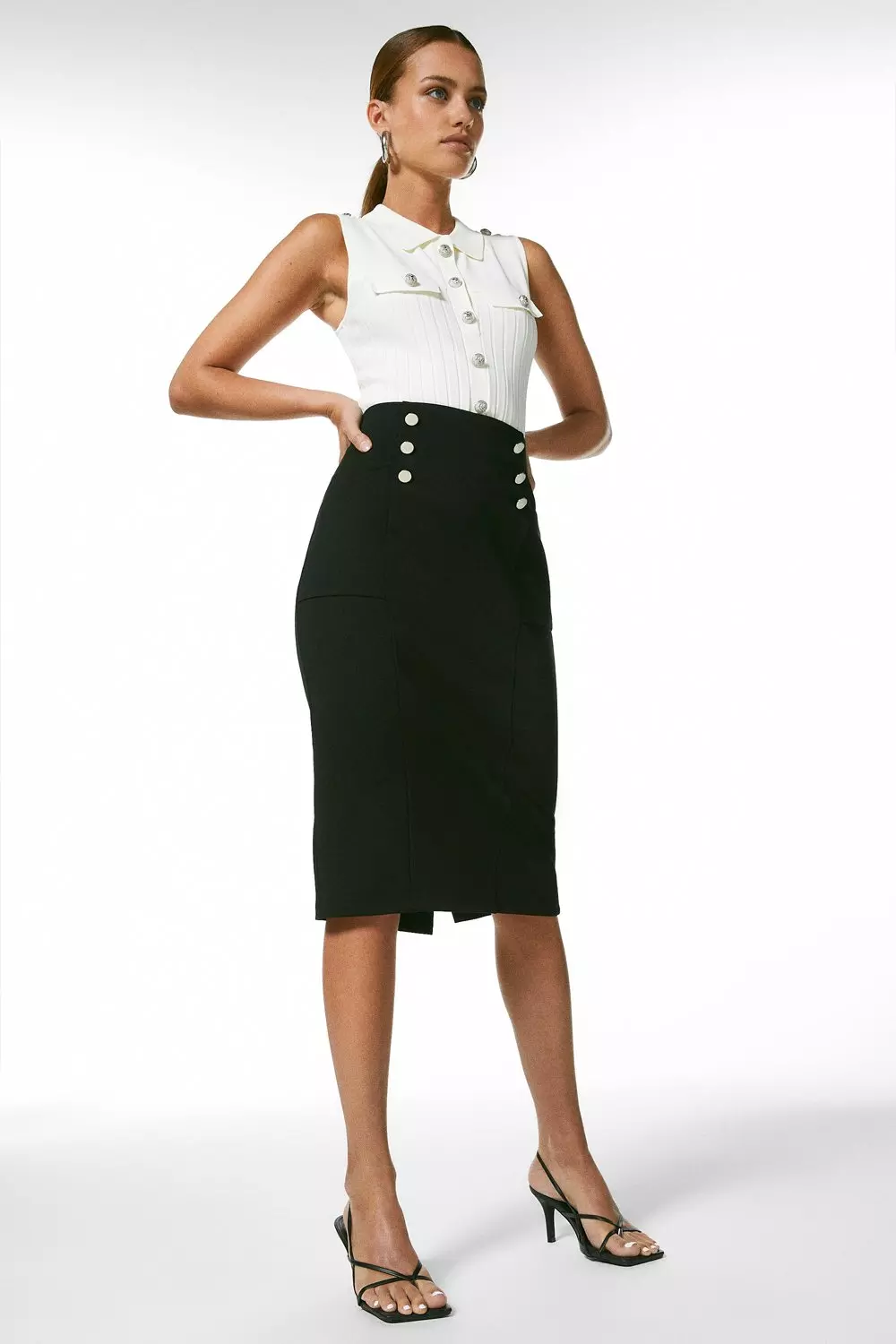 Petite Button Pocket Ponte Midi Skirt Karen Millen