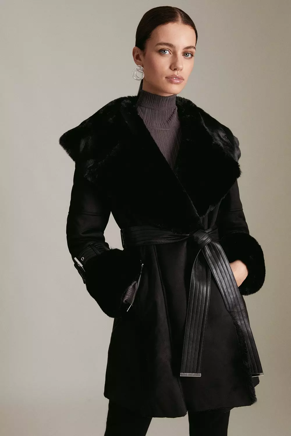 Petite Mock Shearling Fur Cuff Belted Coat Karen Millen