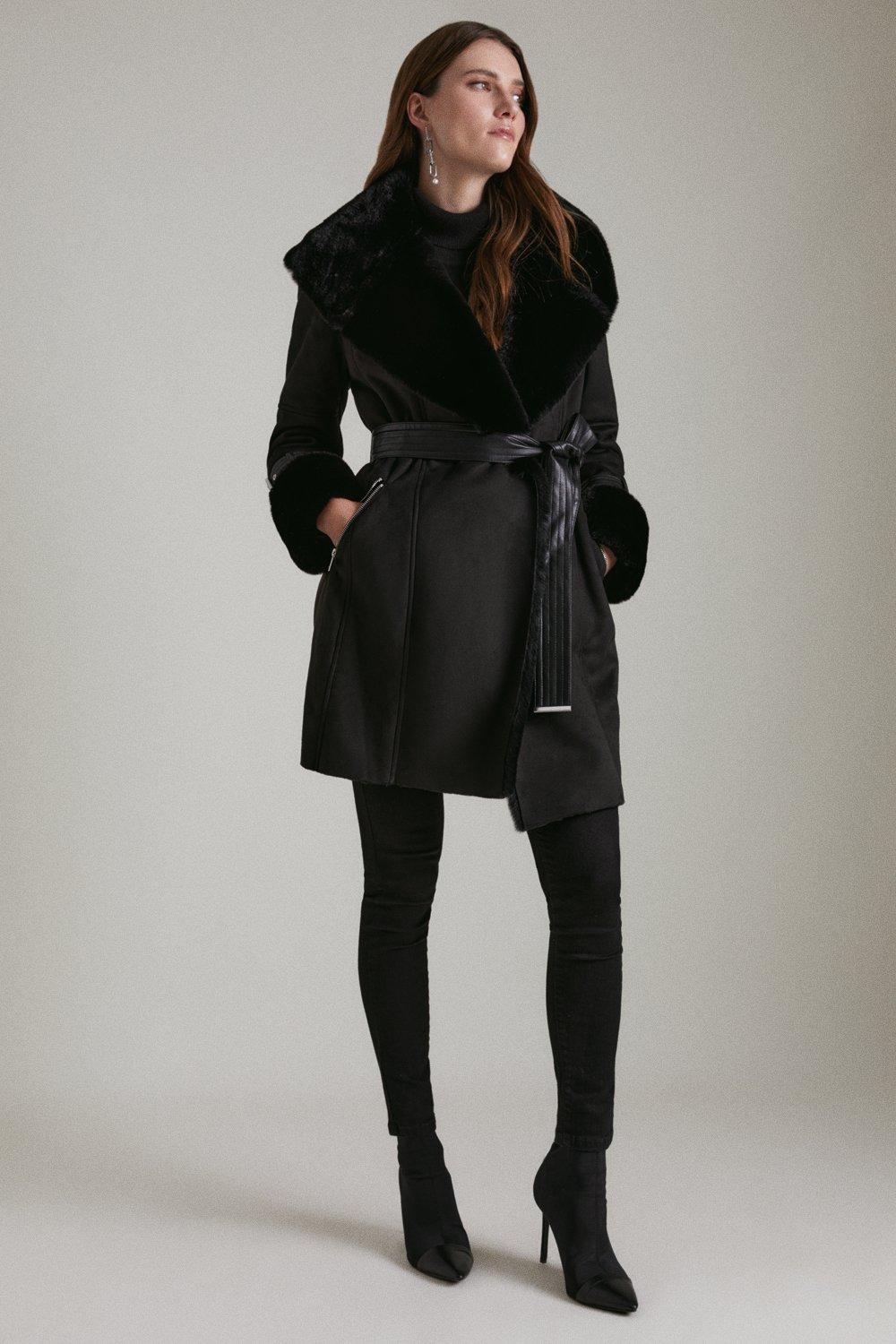 Mock Shearling Fur Cuff Belted Coat Karen Millen