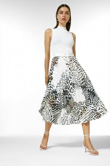 Knit Belted Dress With Woven Print Skirt ivory