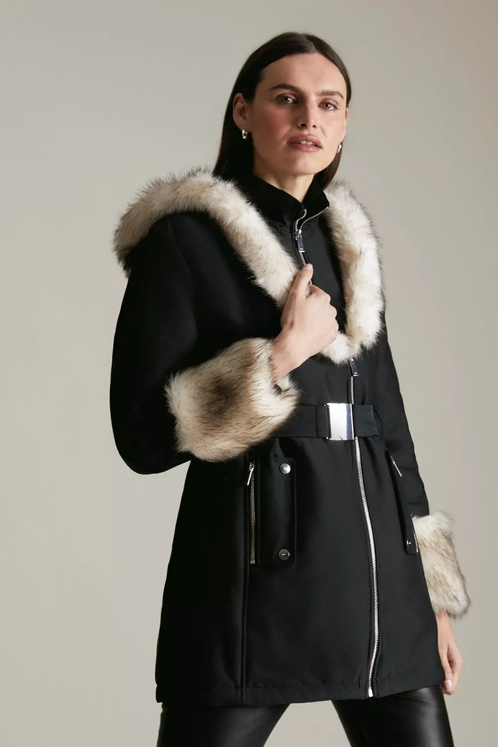 Faux Fur Collar Trim Parka Coat Karen Millen