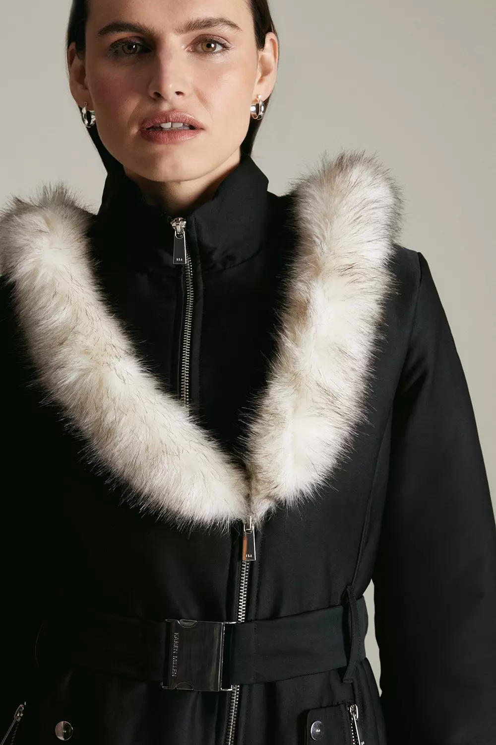 Faux Fur Collar Trim Parka Coat Karen Millen