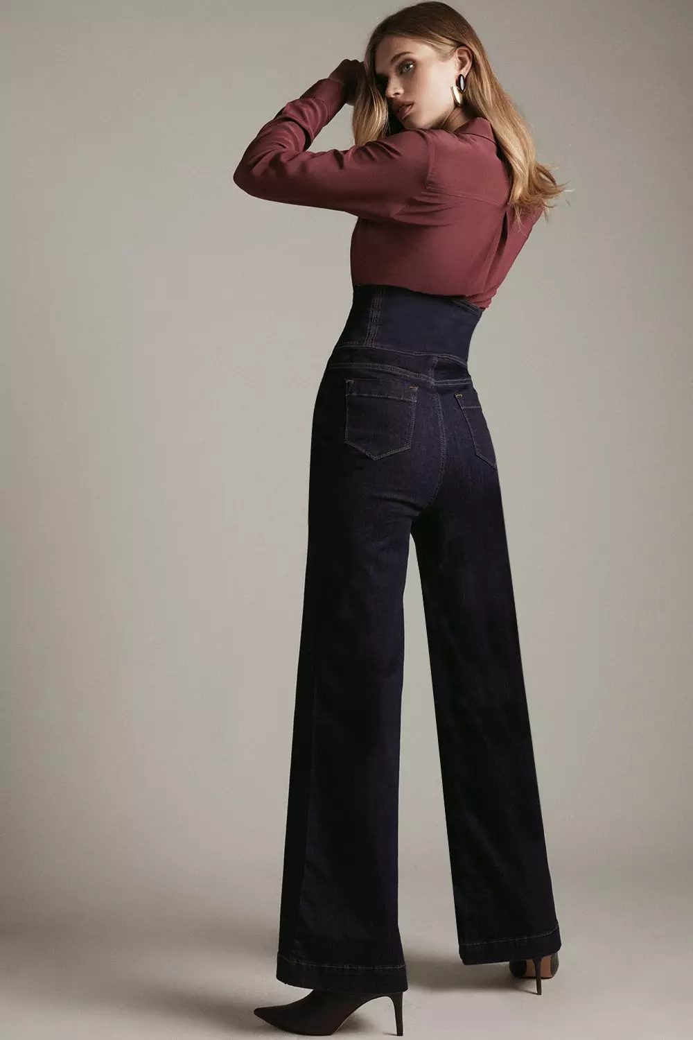 High Waist Button Front Wide Leg Jean Karen Millen