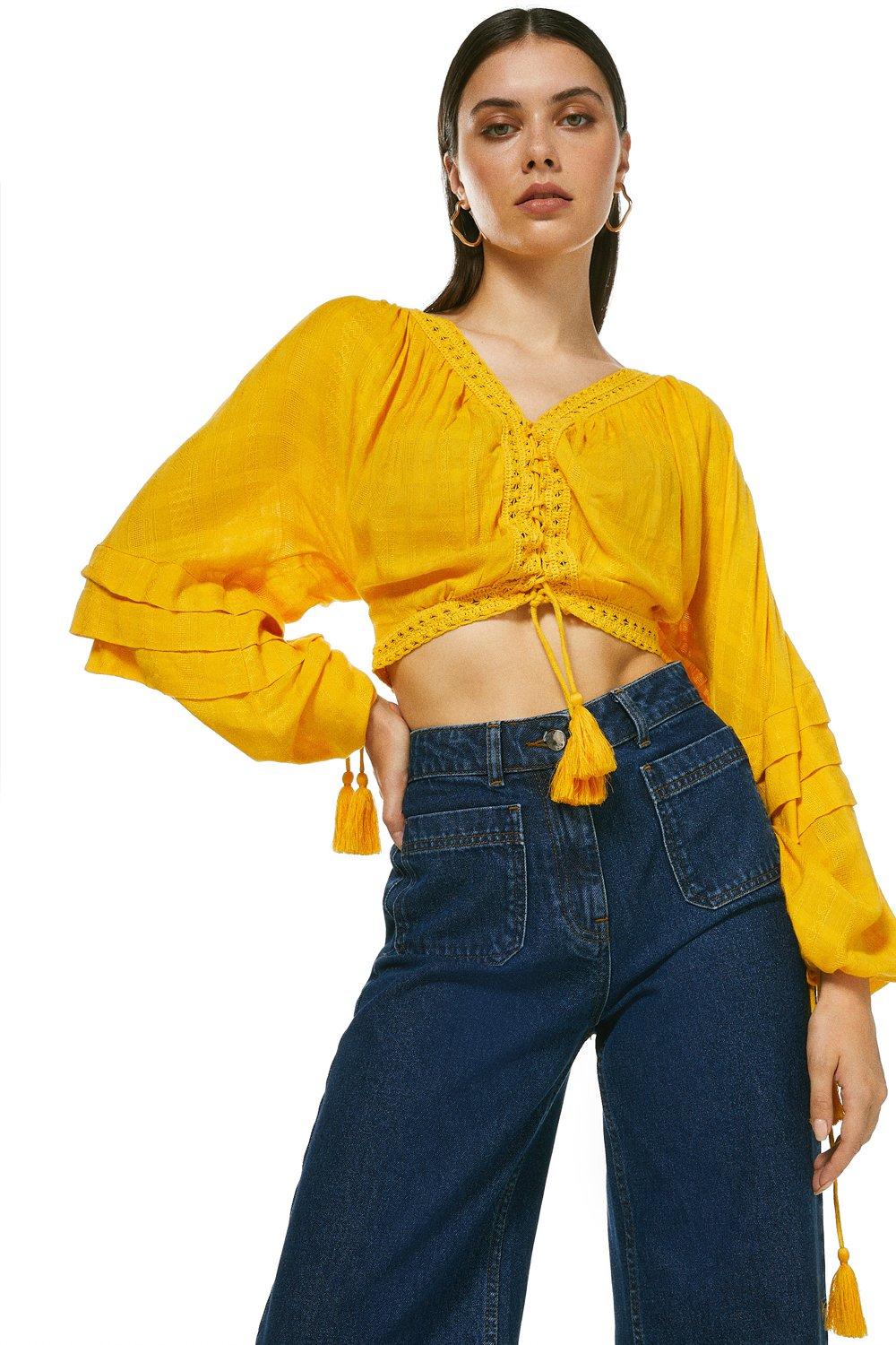 Gold Embroidered Billow Sleeve Woven Top