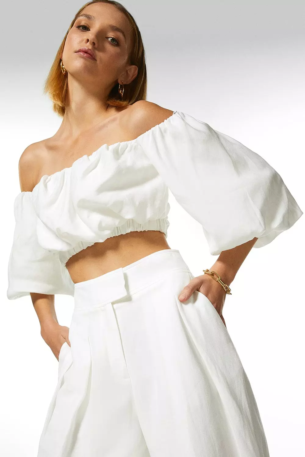 Petite Linen Blend Bardot Crop Top Karen Millen