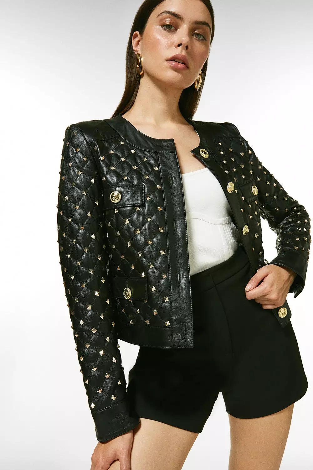 Leather Studded Quilted Trophy Jacket Karen Millen