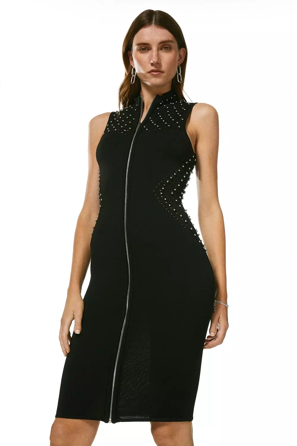 Stud Zip Through Sleeveless Dress Karen Millen