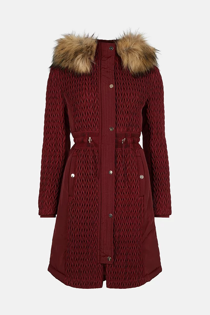 Signature Quilt Long Faux Fur Trim Coat | Karen Millen Signature Quilt Long Faux Fur Trim Coat | Karen Millen