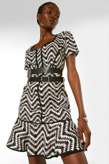 Geo Jacquard Belted Peplum Woven Mini black