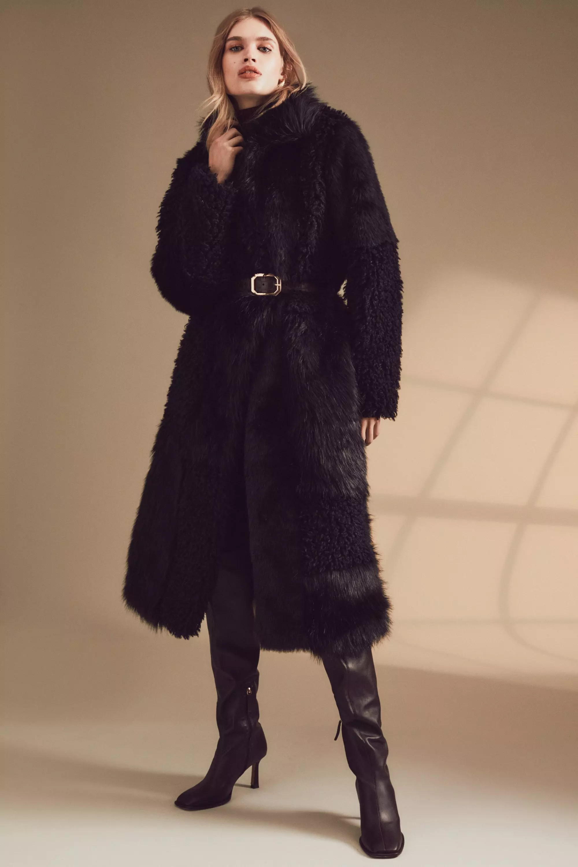 Patched Faux Fur Long Coat Karen Millen