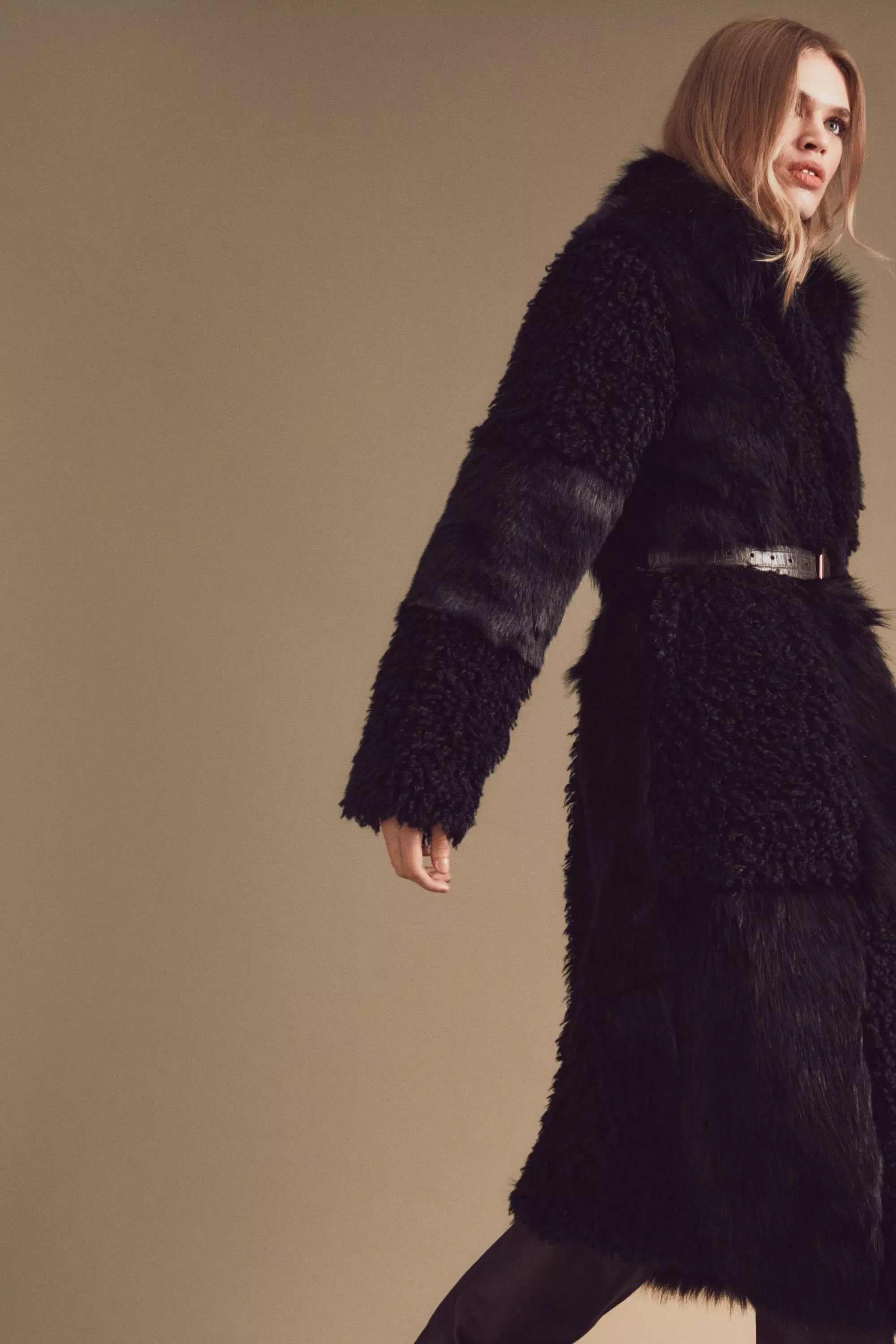 Patched Faux Fur Long Coat | Karen Millen