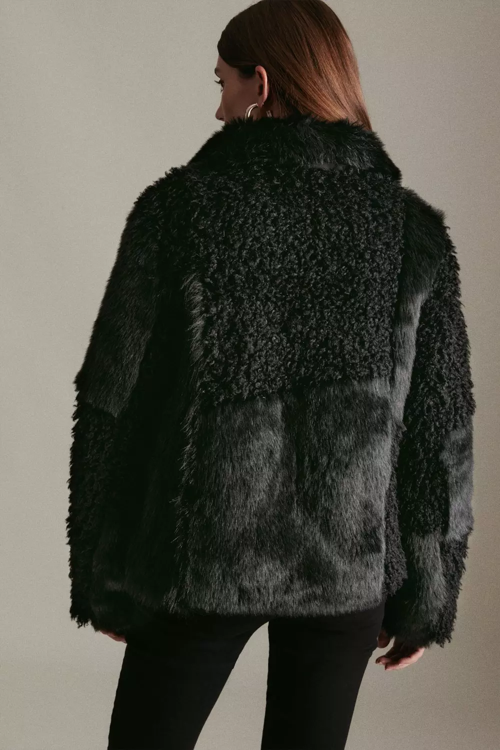 Patched Faux Fur Short Coat | Karen Millen