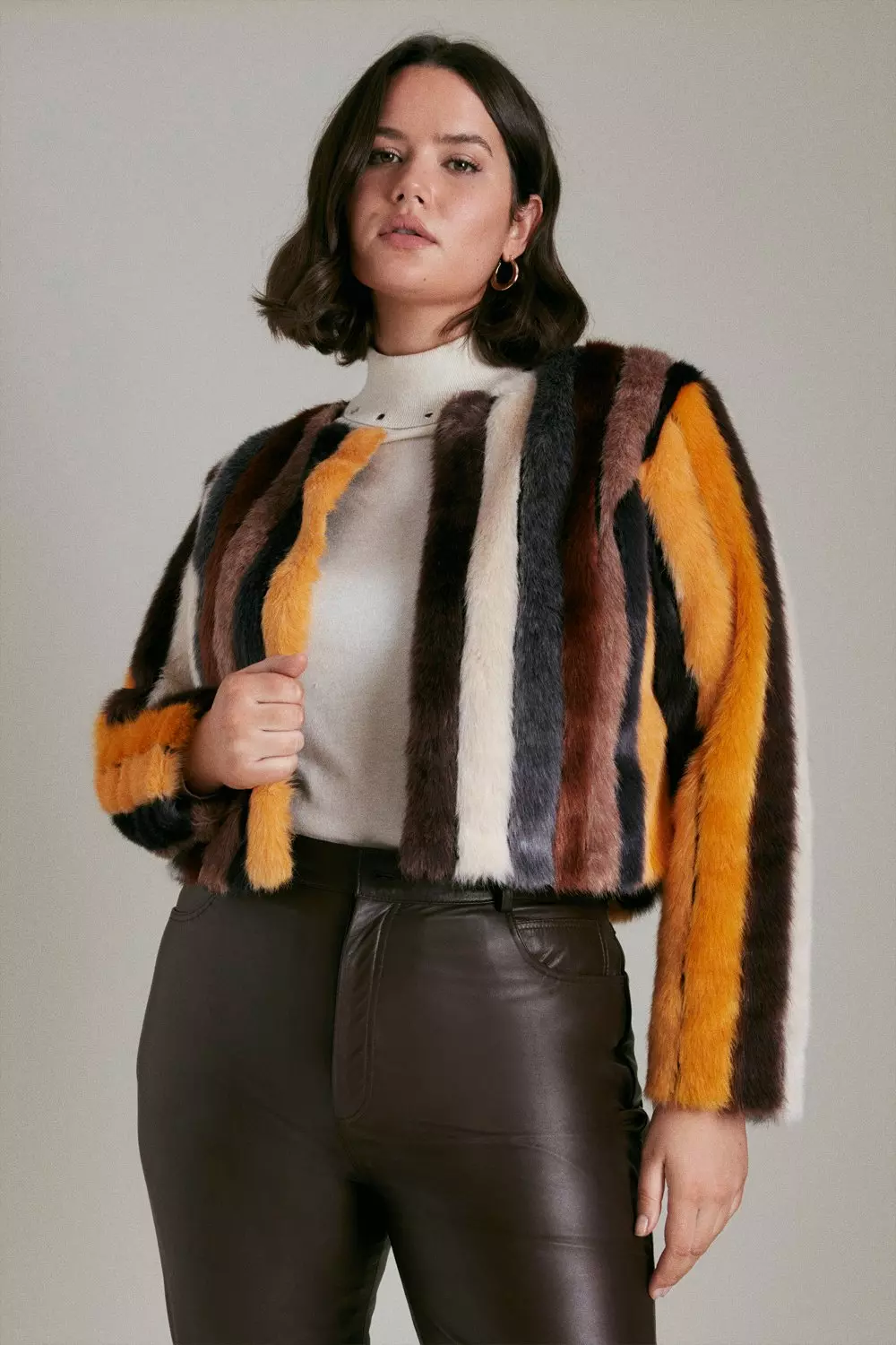 Plus Size Stripe Faux Fur Short Coat Karen Millen