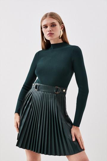 Teal Green Viscose Blend Knitted Skater Dress With Pu Mini Detailing