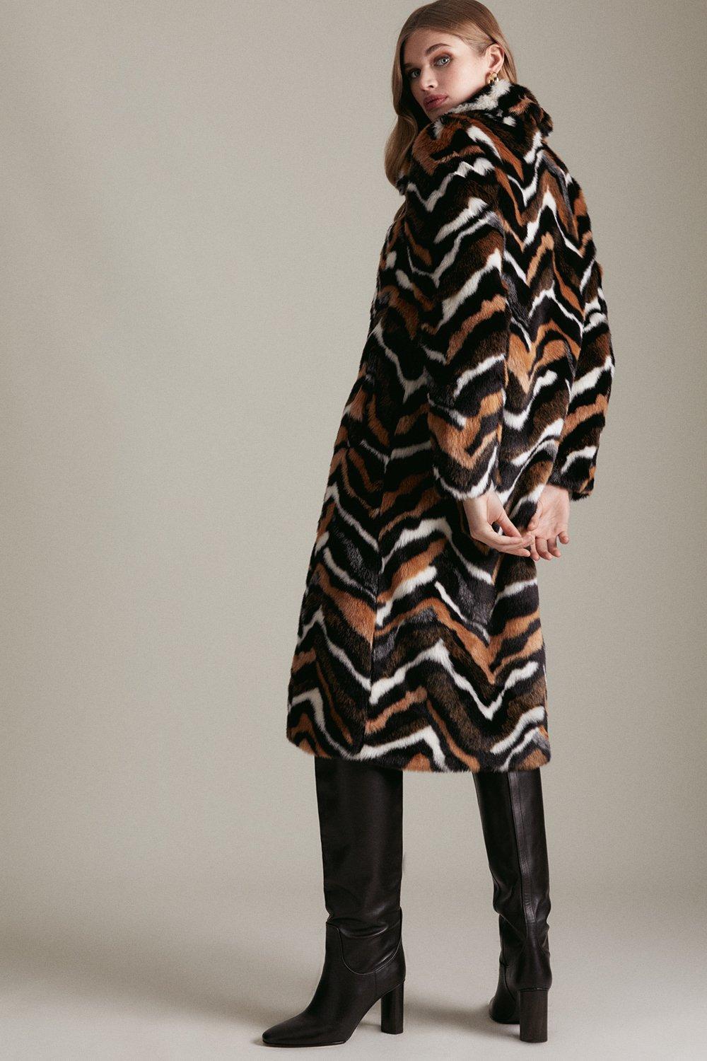 Marble Animal Faux Fur Long Coat | Karen Millen