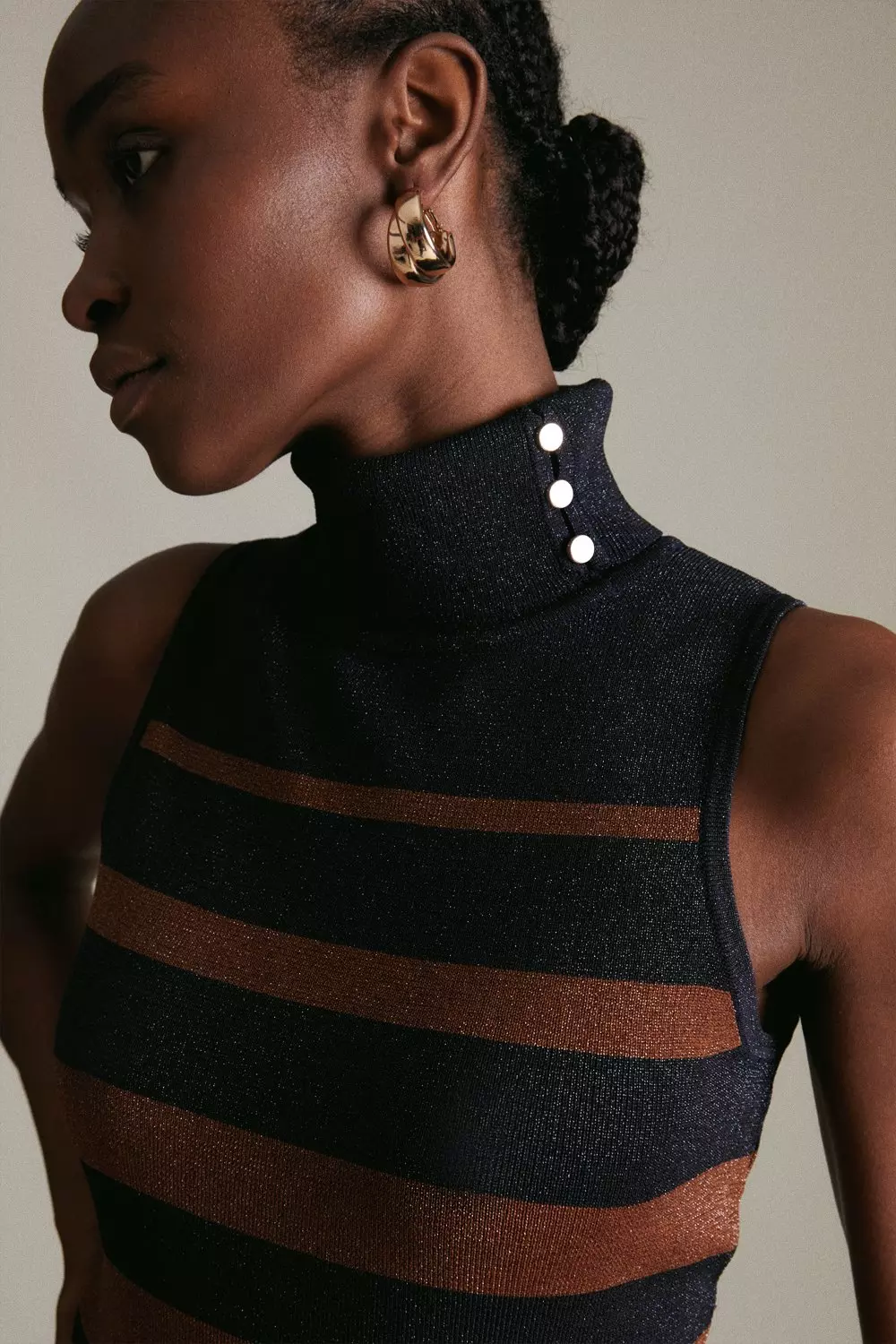 Sparkle Stripe Turtleneck Trim Sleeveless Top | Karen Millen