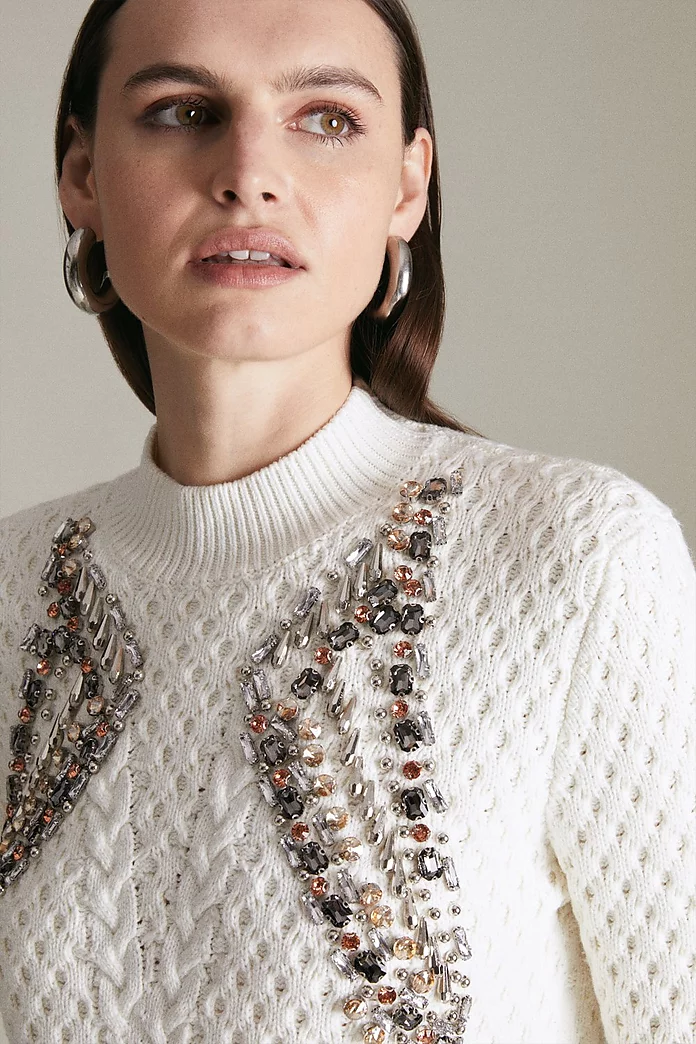 Embellished Cable Knit Sweater | Karen Millen Embellished Cable Knit Sweater | Karen Millen