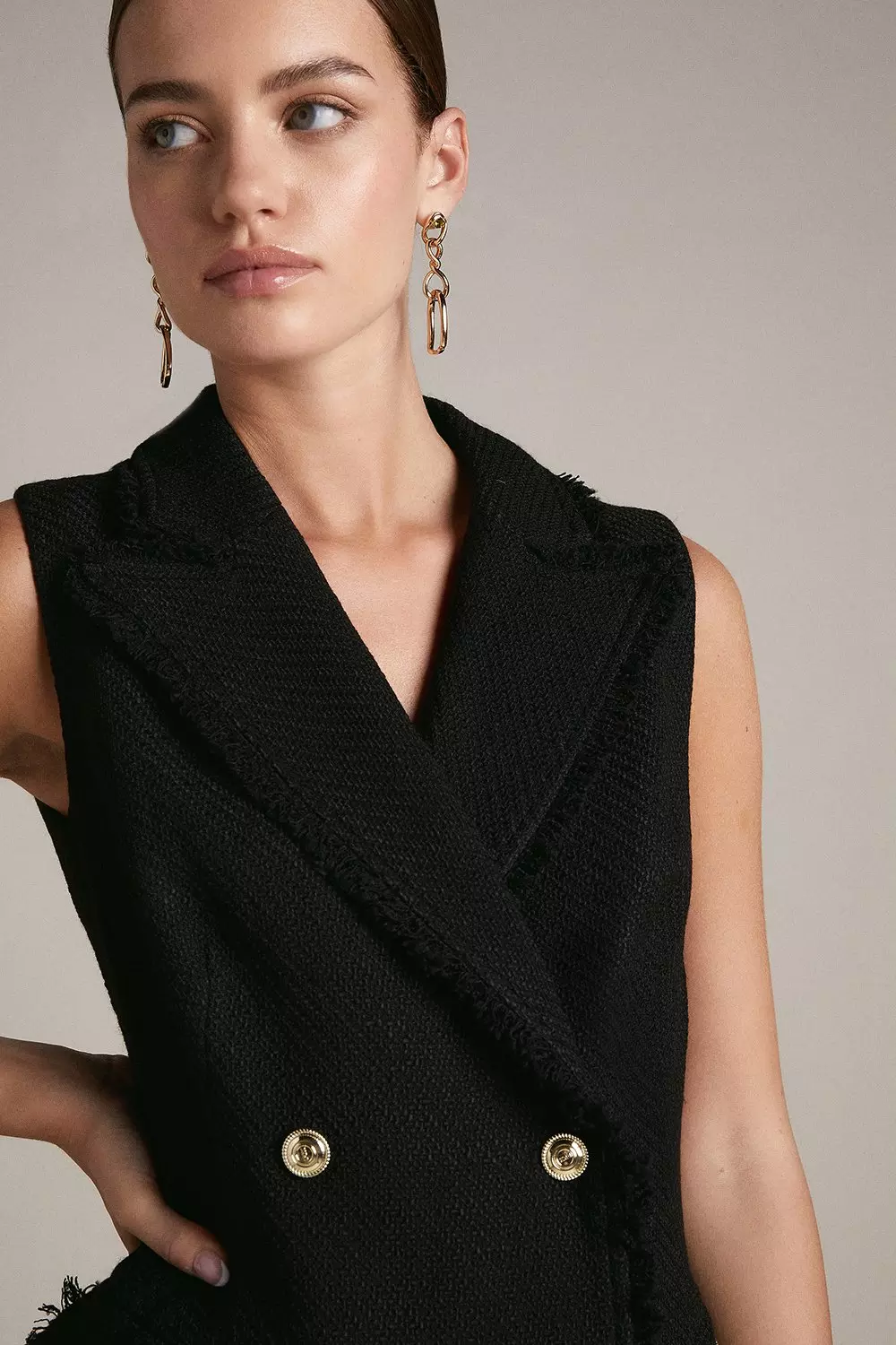Black Petite Frayed Edged Textured Collared Mini Dress alternative image