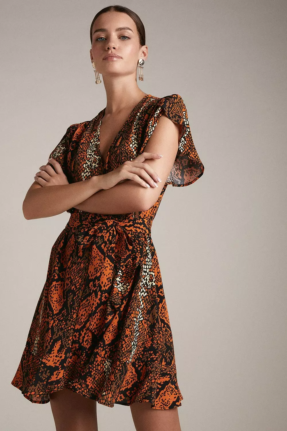 Petite Spicy Snake Woven Short Wrap Dress Karen Millen