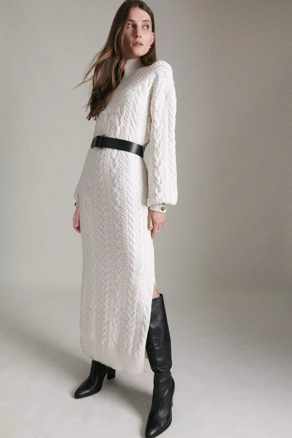 Cable Knit Belted Midi Dress Karen Millen