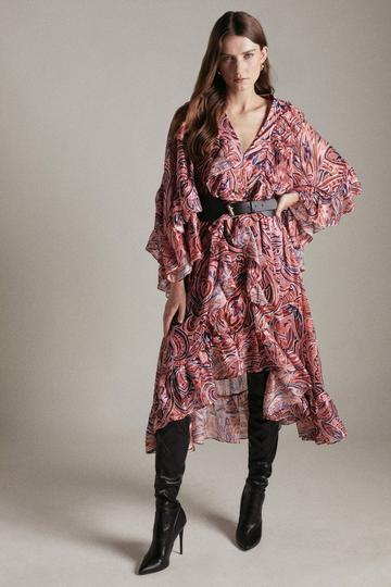 Belted Drama Sleeve Paisley Kimono Dress red