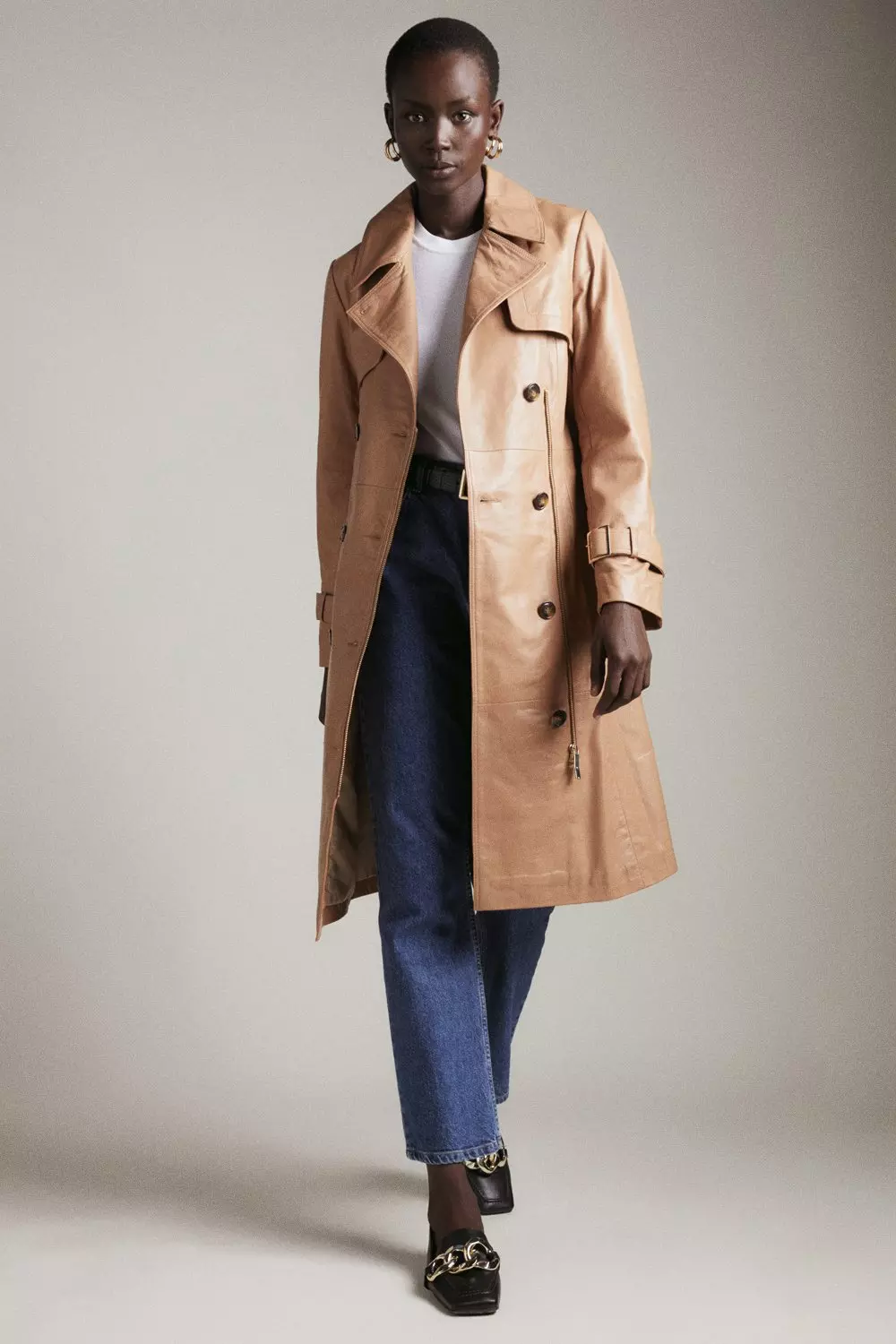 Tan Leather Zip Detail Trench Coat alternative image
