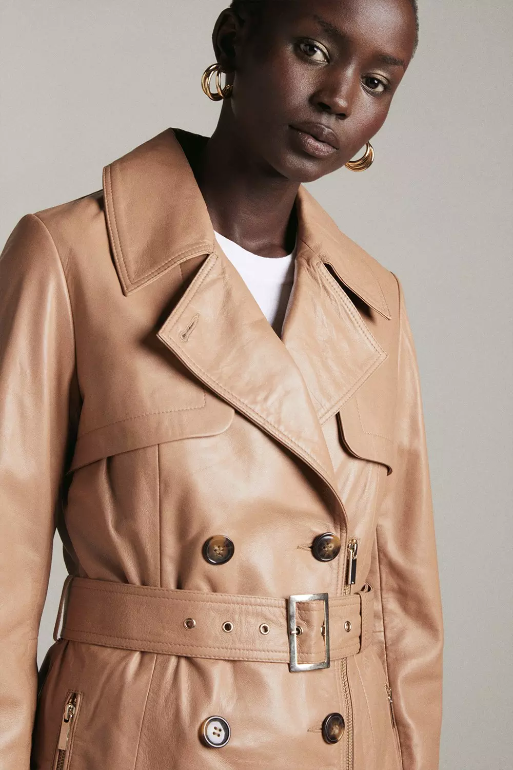 Tan Leather Zip Detail Trench Coat alternative image