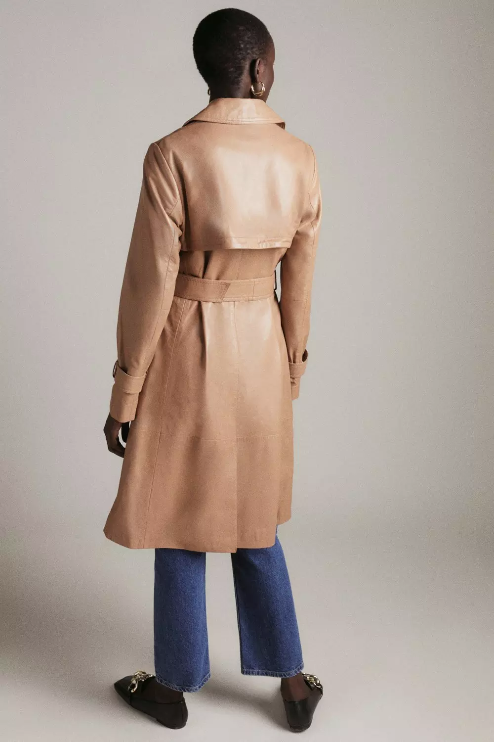 Tan Leather Zip Detail Trench Coat alternative image