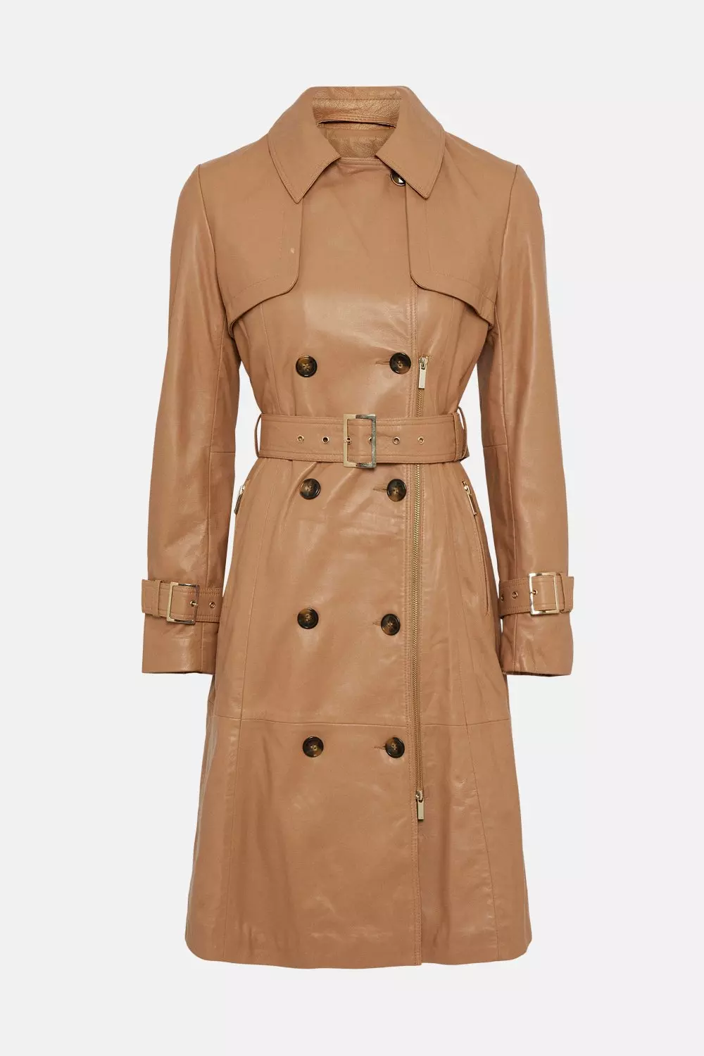 Tan Leather Zip Detail Trench Coat alternative image
