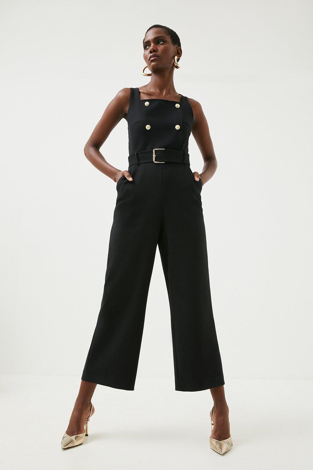 Compact Stretch Pinafore Crop Wide Jumpsuit Karen Millen