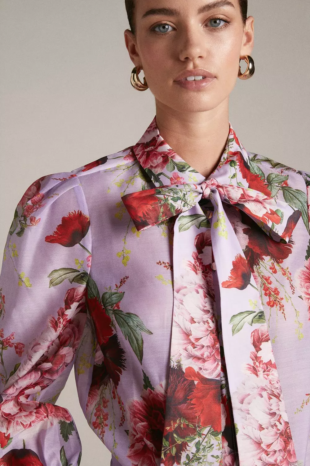 【KAREN MILLEN】ボウ ジャージー メッシュ ルーシュ ミディ Petite Km Rose Organdie Woven Pussy Bow Blouse | Karen Millen