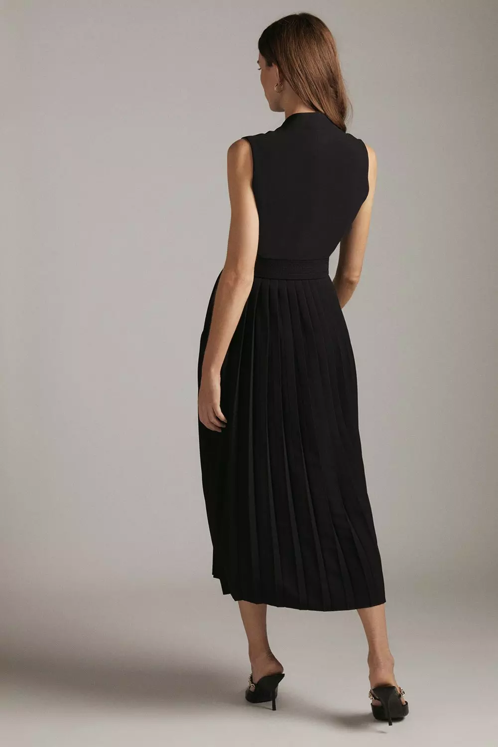 Sleeveless Pleat Notch Neck Woven Midi Dress | Karen Millen