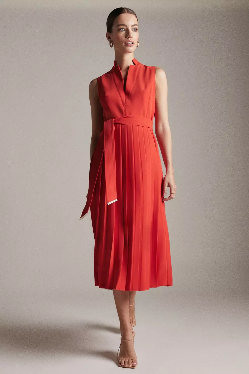 Petite Pleat Notch Neck Woven Midi Dress Karen Millen