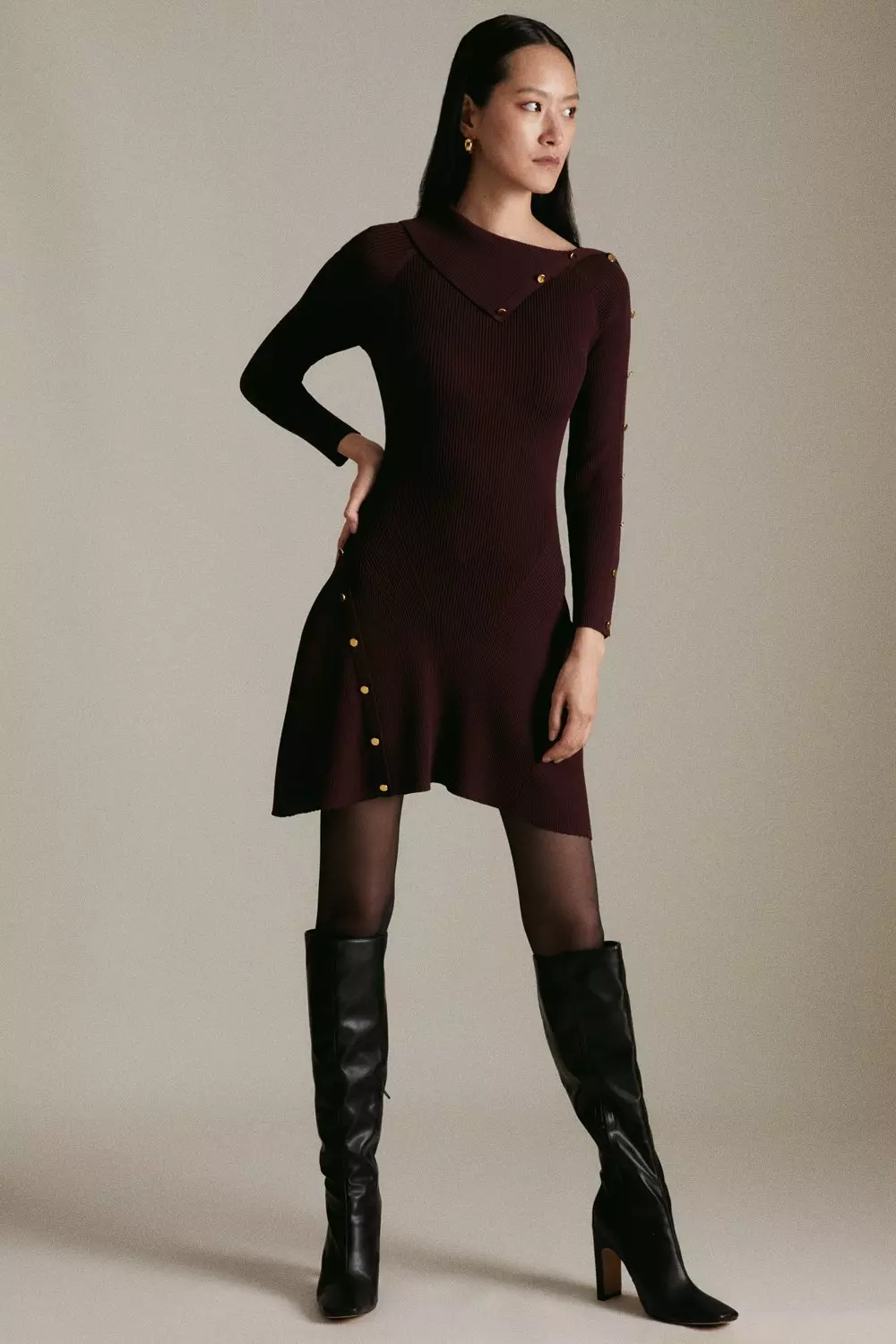 Envelope Neck Knitted Rib A Line Dress Karen Millen