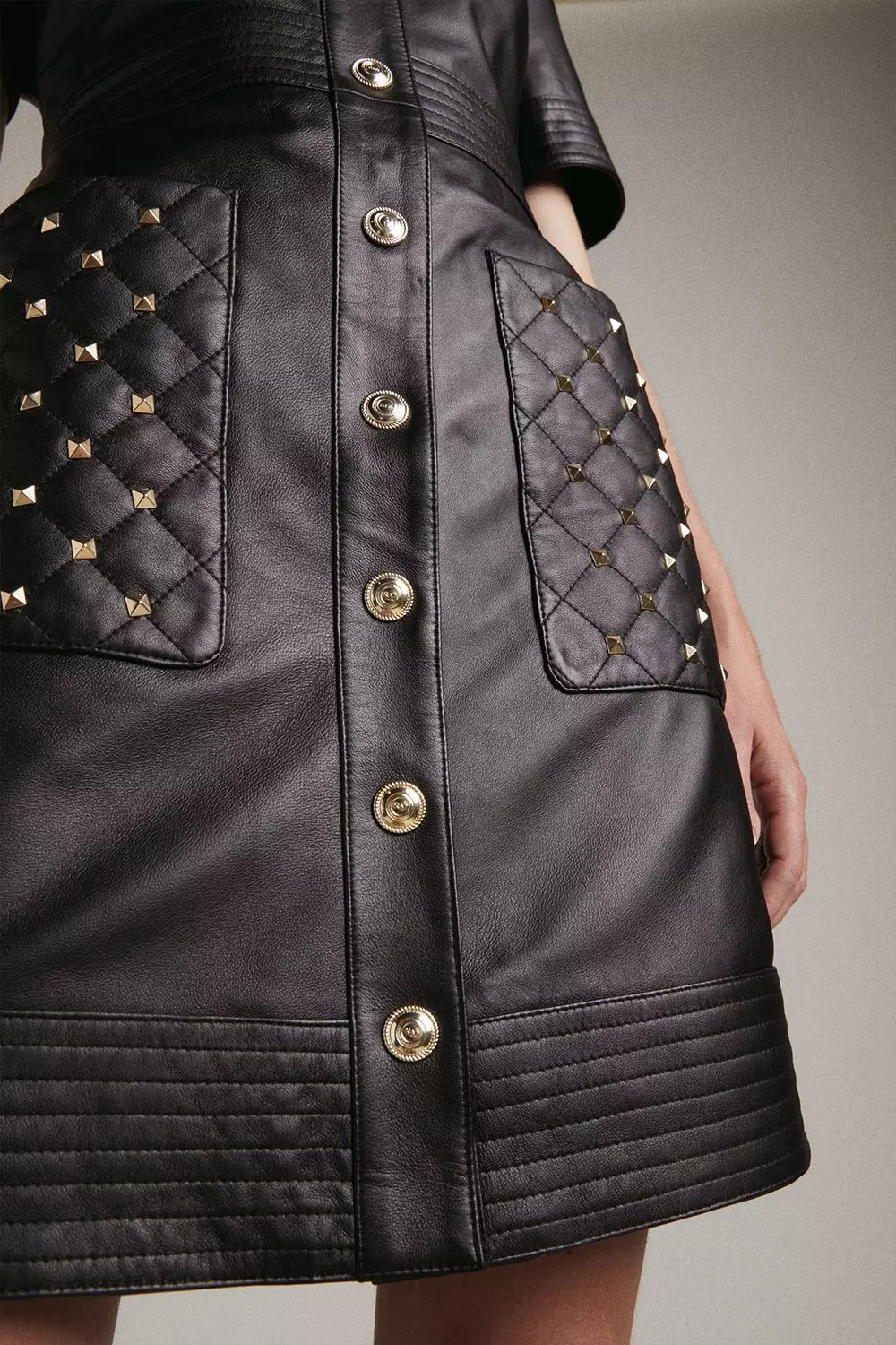 Leather Quilted And Stud Detail A Line Mini Dress Karen Millen