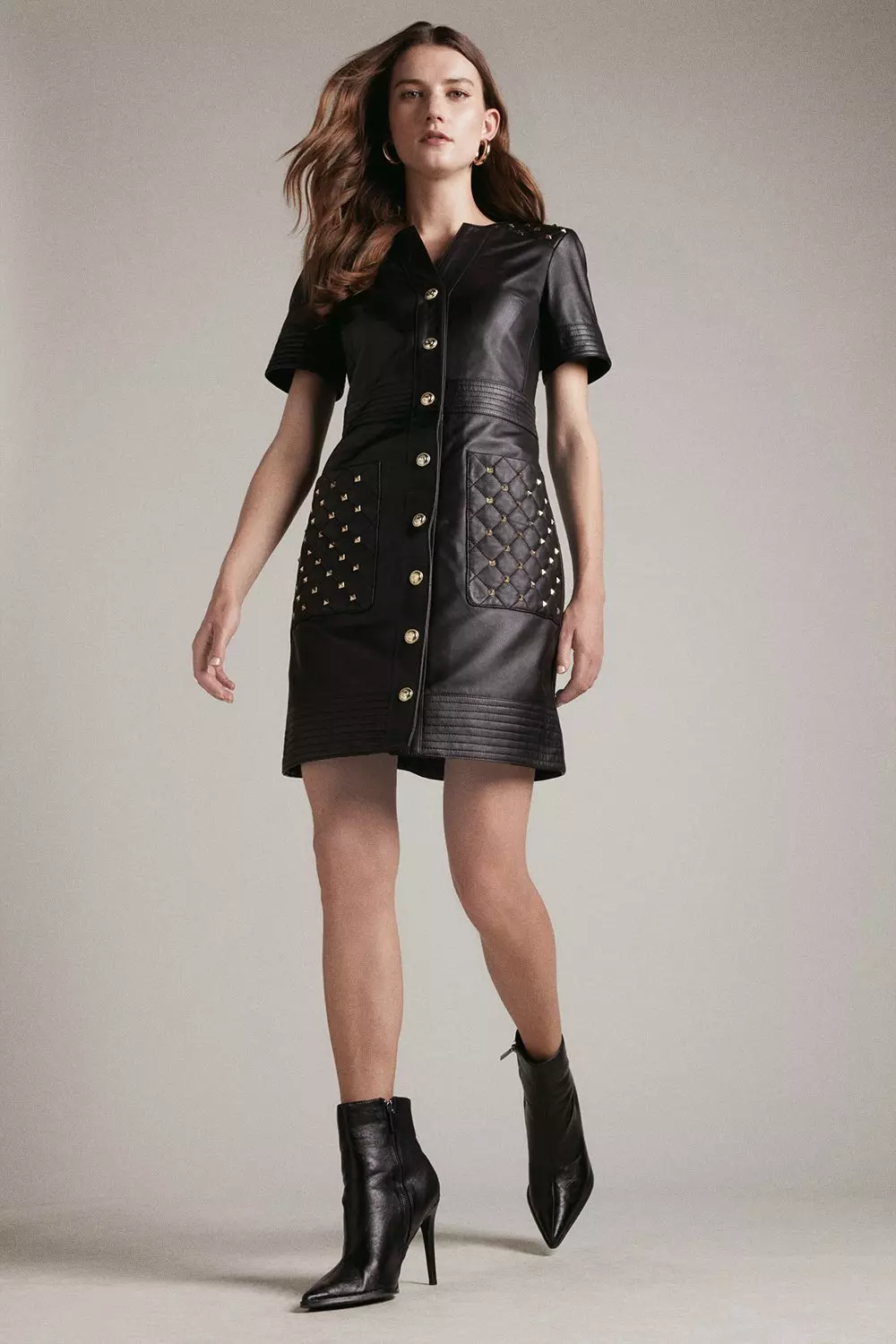 KAREN MILLEN■ビスコース シアー ミダクシドレス Leather Quilted And Stud Detail A Line Mini Dress | Karen Millen