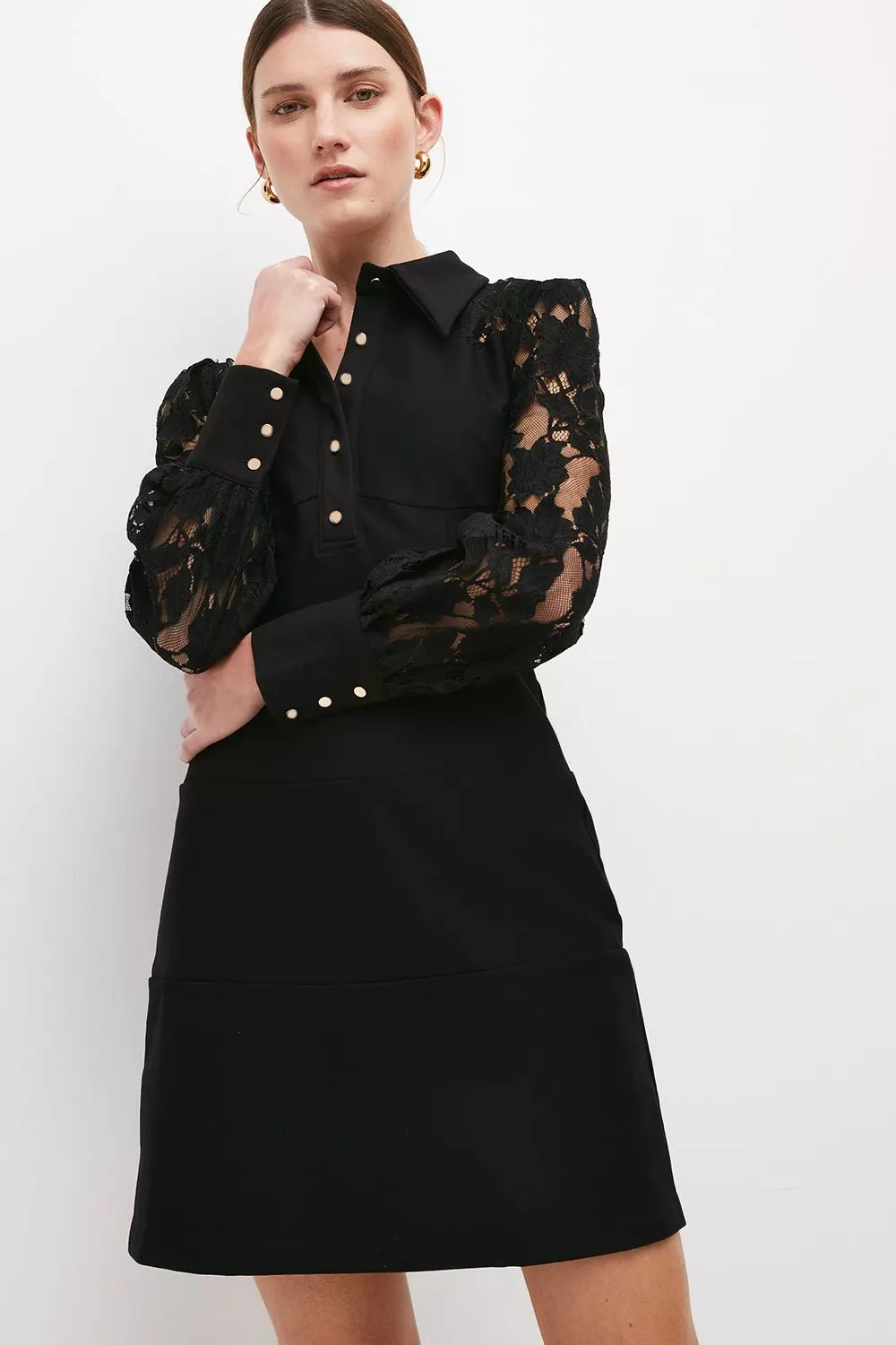 Collared Lace Sleeve Jersey Mini Dress Karen Millen