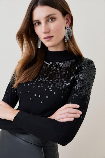 Sequinned Knit Funnel Neck Sweater