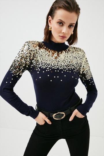 Navy Sequinned Knit Funnel Neck Sweater