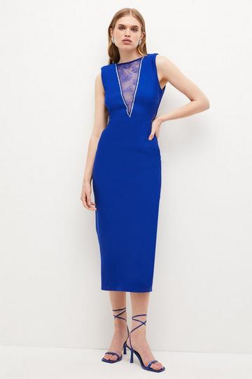 Cobalt Blue Lace Front Diamante Jersey Midaxi Dress