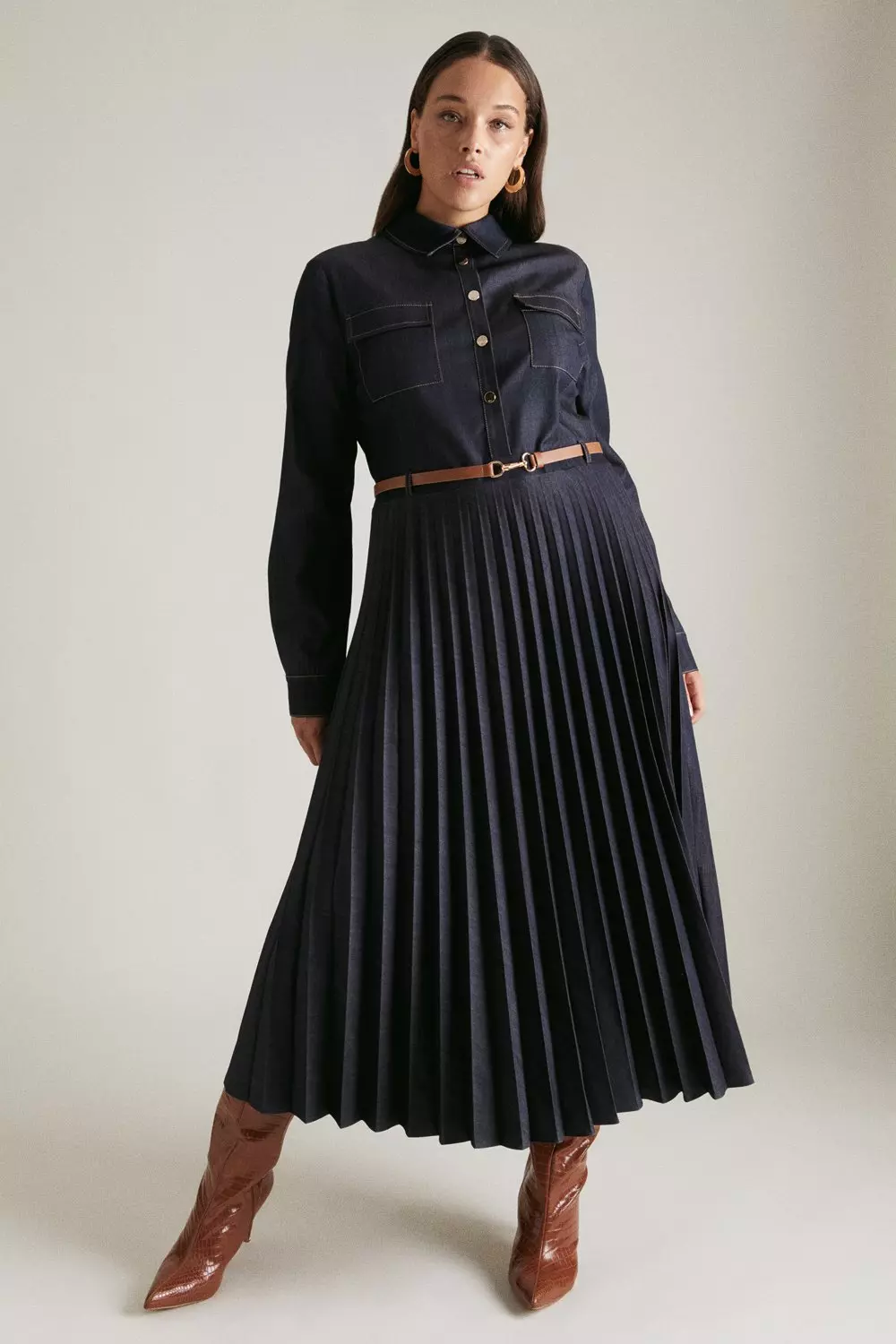 Denim-blue Plus Size Tailored Denim Pleated Shirt Dress alternative image