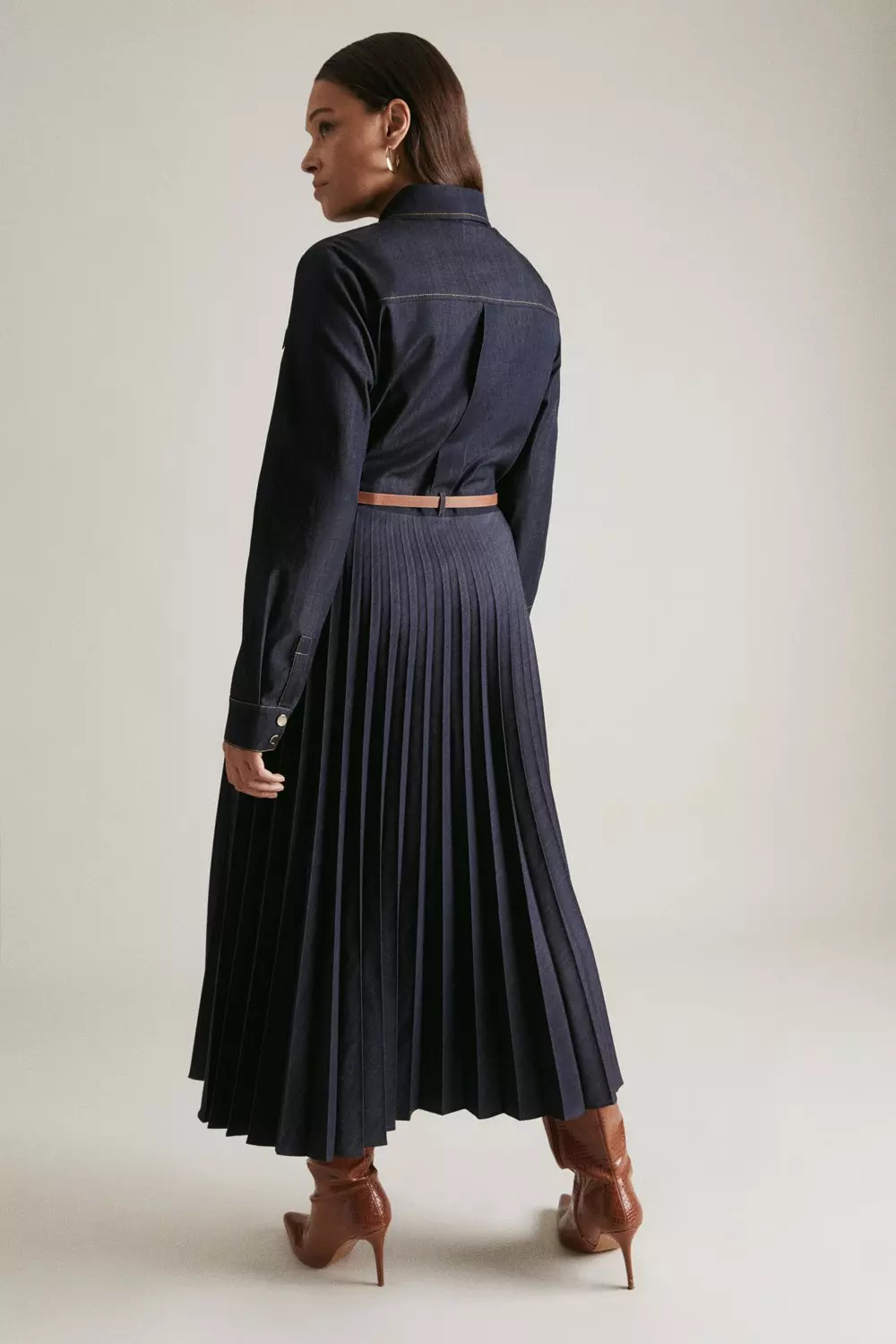 Denim-blue Plus Size Tailored Denim Pleated Shirt Dress alternative image