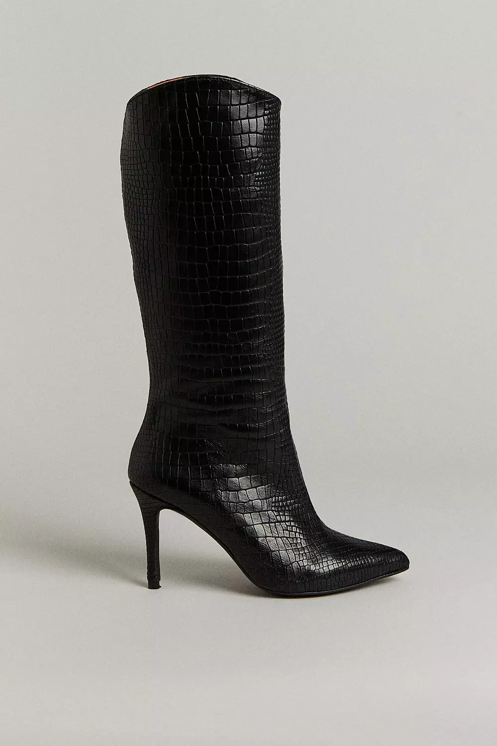 Croc Effect Leather Heeled Long Boot Karen Millen