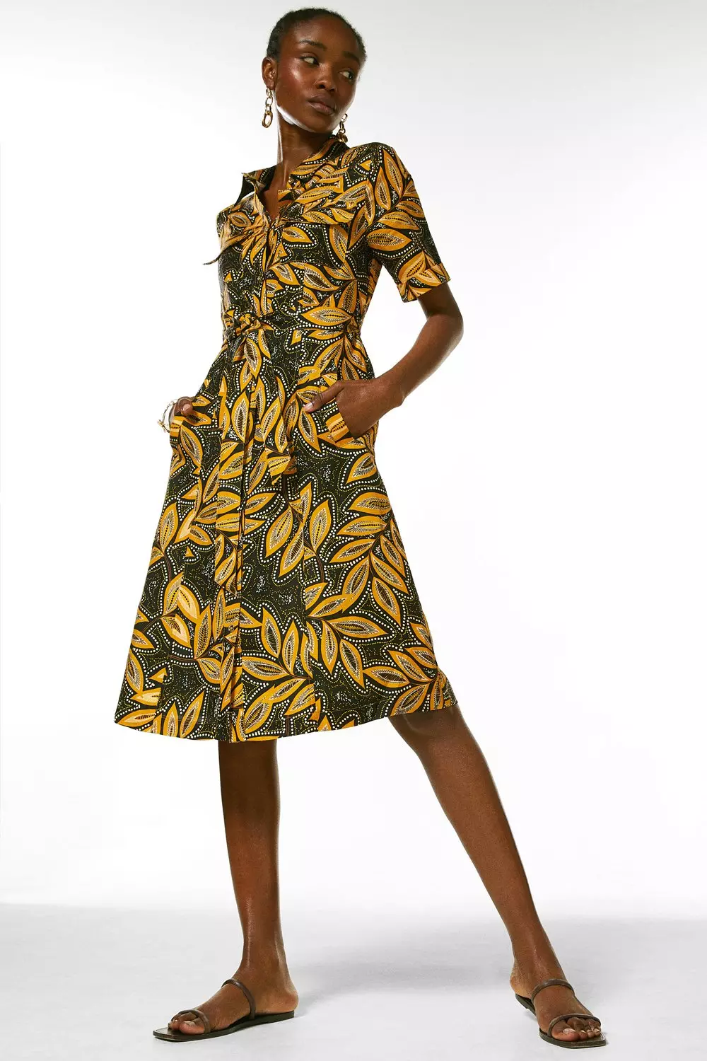 Petite Leaf Linen Viscose Woven Midi Shirt Dress Karen Millen