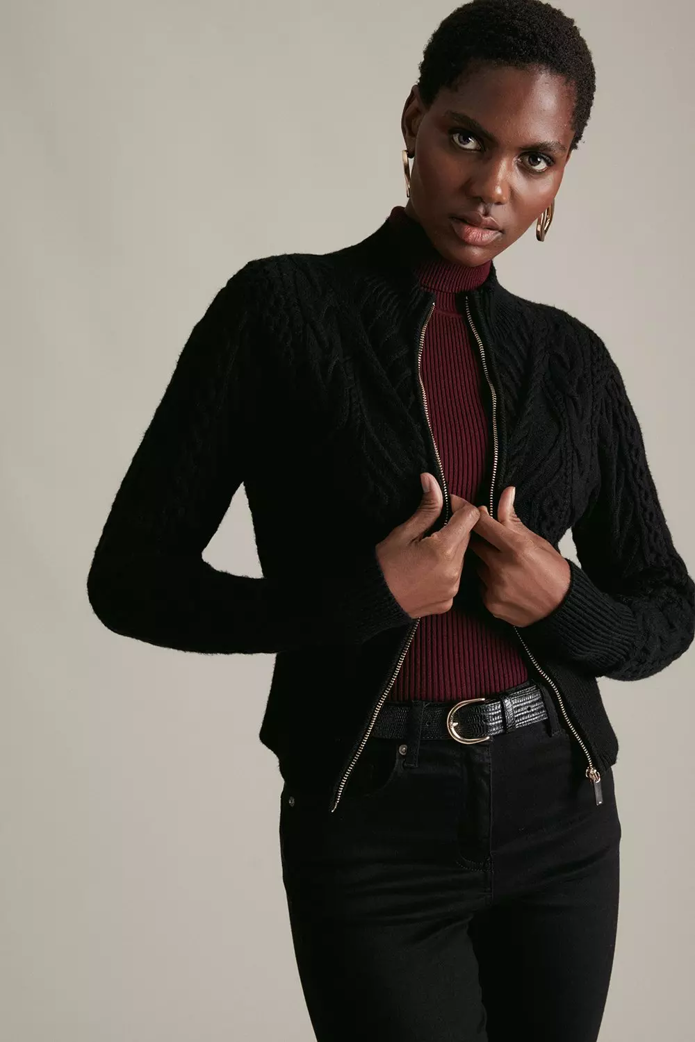 Black Cable Knit Zip Through Cardigan alternative image